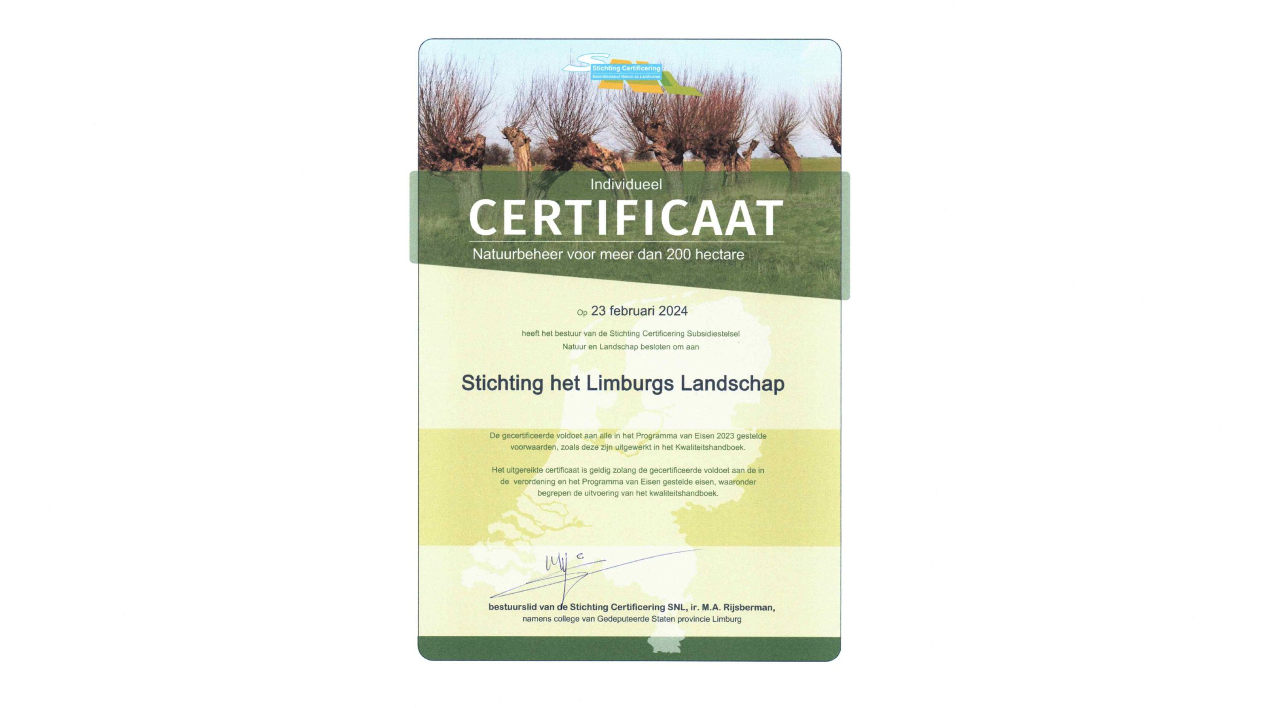 Het Limburgs Landschap is gecertificeerd Natuurbeheerder